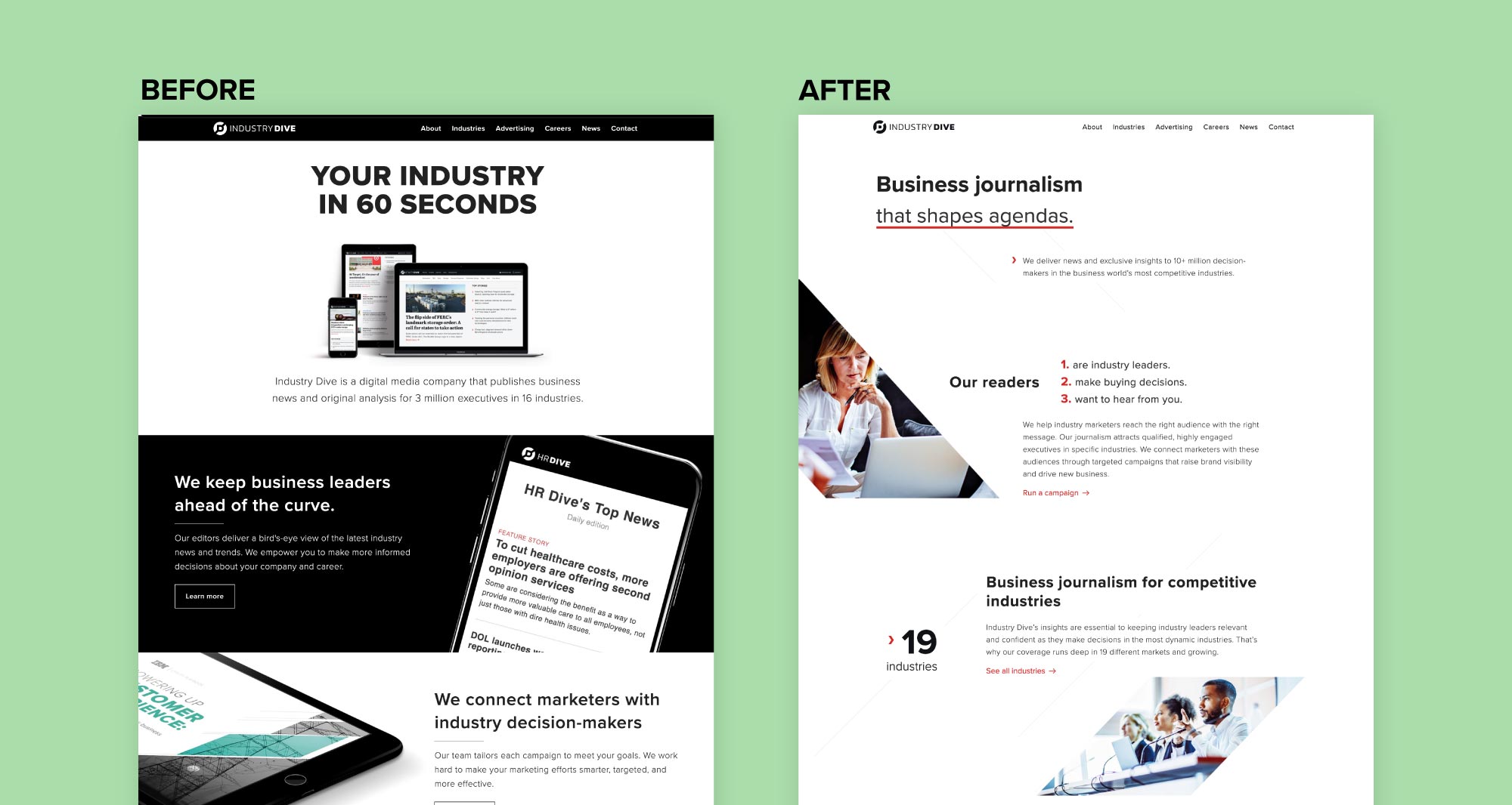 Before and after screenshots of Industry Dive's homepage.